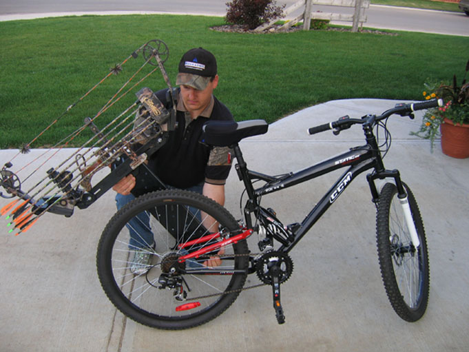 Bowkaddy Bow Rack and UTV Bracket mounted on Mountain Bike.